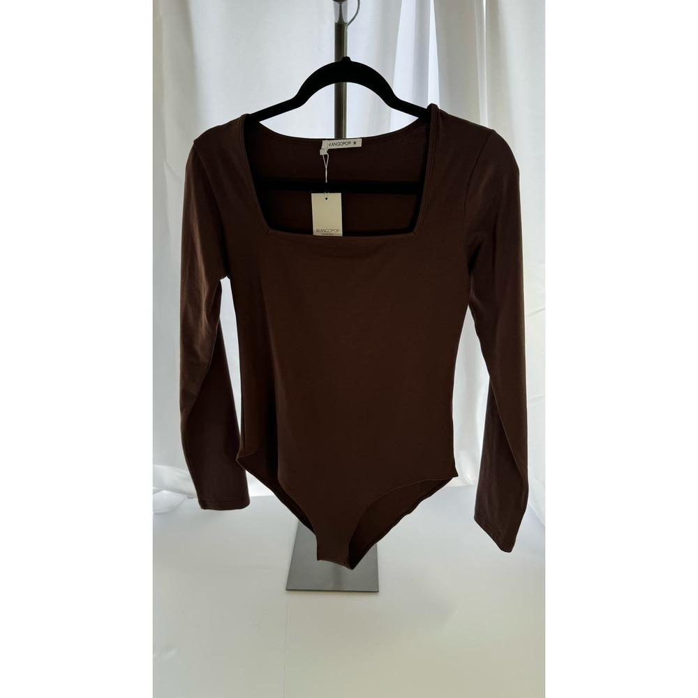 MANGOPOP Women's Square Neck Long Sleeve Tops Bodysuit brown Medium